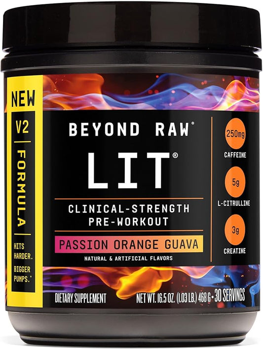 BEYOND RAW LIT V2 Clinical Strength Pre Workout Powder, Hits Harder, Bigger Pumps, Caffeine, L-Citrulline, Creatine, Passion Orange Guava, 30 Servings