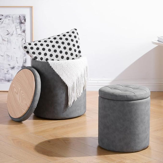oakvivo 12.6" W x 14.17" H & 14.76" W x 17.32" H Storage Ottoman Foot Stool for Couch, Nesting Round Vanity Stools Padded Ottomen, Leather Set of 2 Footrest for Living Room,Grey