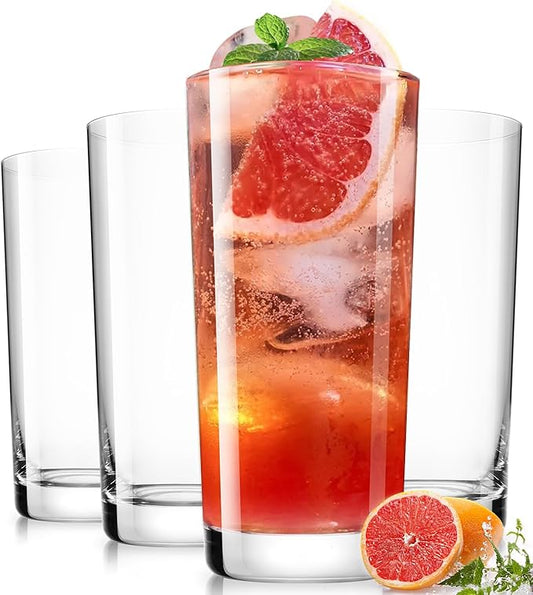 LUNA & MANTHA Drinking Water Glasses Set, Lead-Free Crystal Highball Glass, Tall Glass Cups for Cocktail Parties,Clear set of 4,16oz