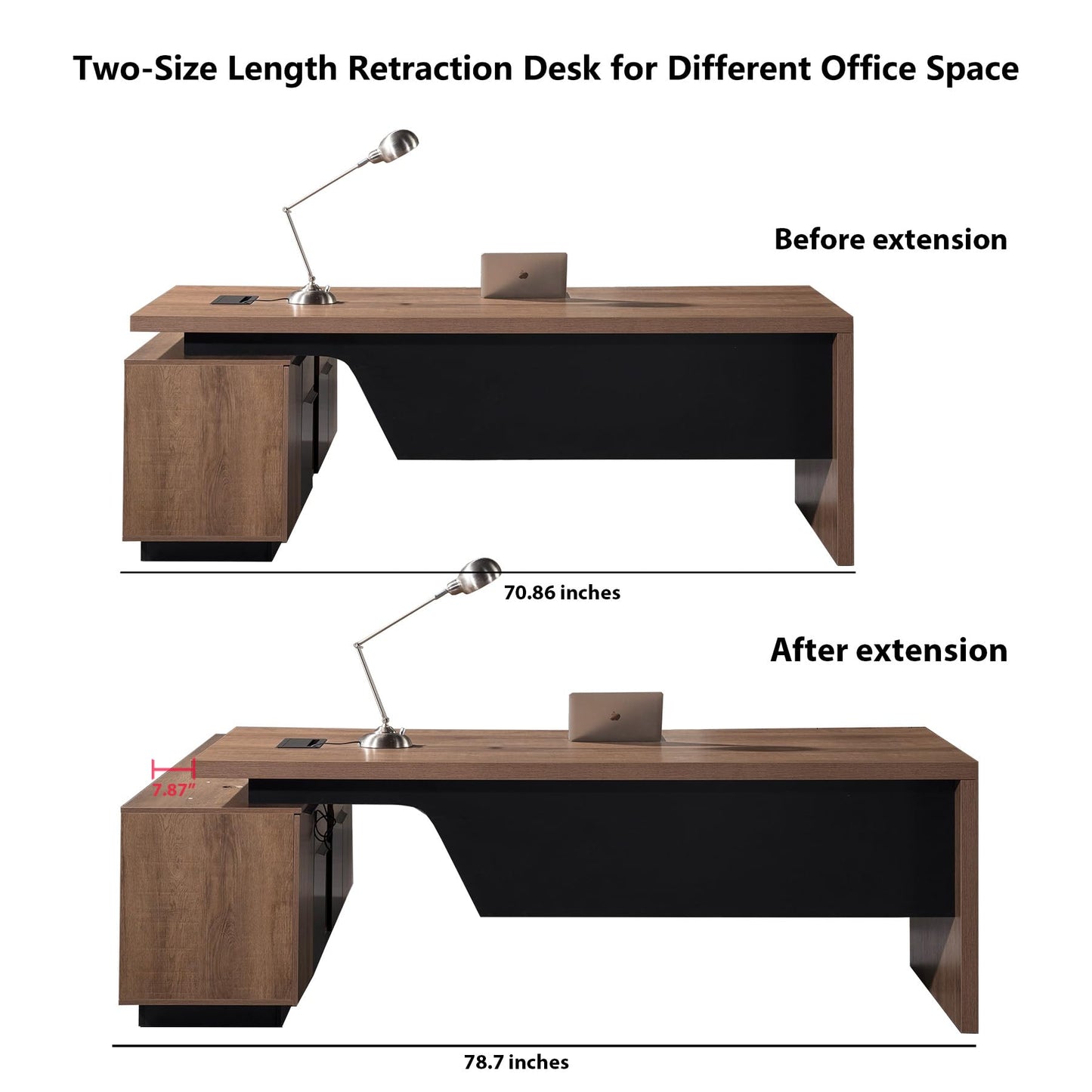 Retractable L-Shaped Executive Desk, Modern Office Desk with Locking Drawers and File Cabinet, Large Computer Desk with Storage Shelves, Workstation for Home Office (Right Return, 70.86 - 78.7 IN)
