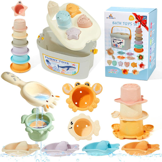 Baby Bath Toys, 21PCS | Easy Clean & Mold Free Bath Toys for Babies 6-12 Months | Educational Shape-Sorting Lid & Baby Stacking Cups | Tub Water Pool Beach Toy for Baby Gift with Portable Storage Bin