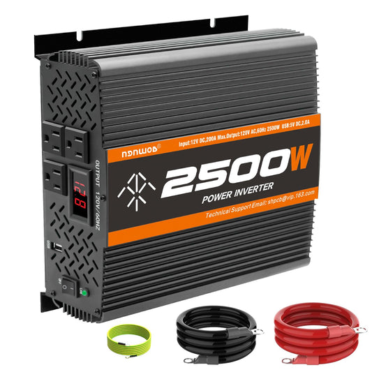 2500W Inverter 12V DC to 120V AC Converter for Home, RV, Truck, Off-Grid Solar Power Inverter with Built-in 5V/2.1A USB, AC Hardwire Port, Remote Controller