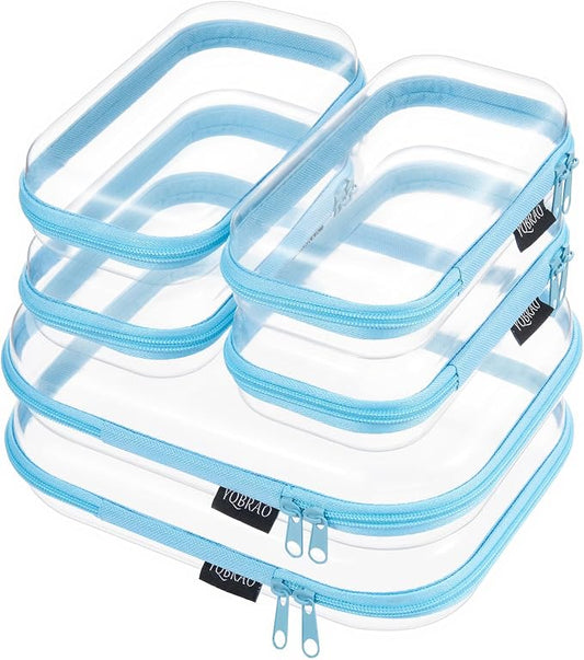 6 Pack Blue Clear Hard Shell Beauty Organizer (2M+4S), 1.2mm Heavy Duty Crush-Proof Cosmetic Case, Reinforced YKK Zippers, Stadium Approved Security Bag for Skincare & Electronics, Multi-Size Set