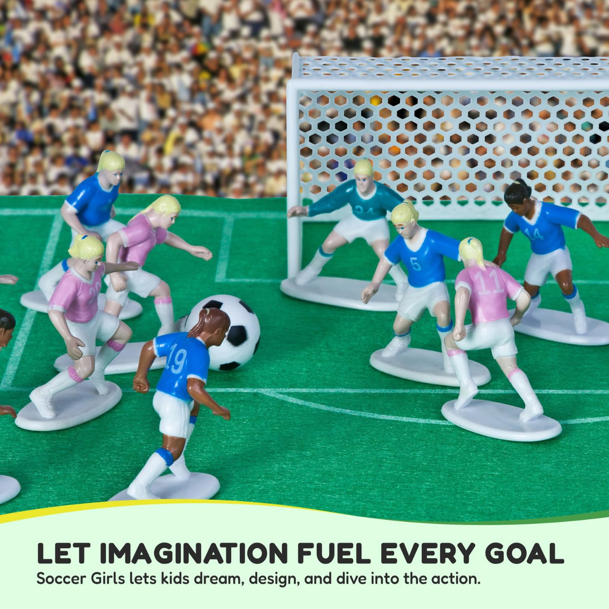 Kaskey Kids Soccer Girls, Pink vs. Blue, 27 Pieces in Each Set, Includes 2 Teams, Accessories, and Travel Storage Case, Nostalgic Sports Action Figures for Imaginative Play, Ages 3 and Up