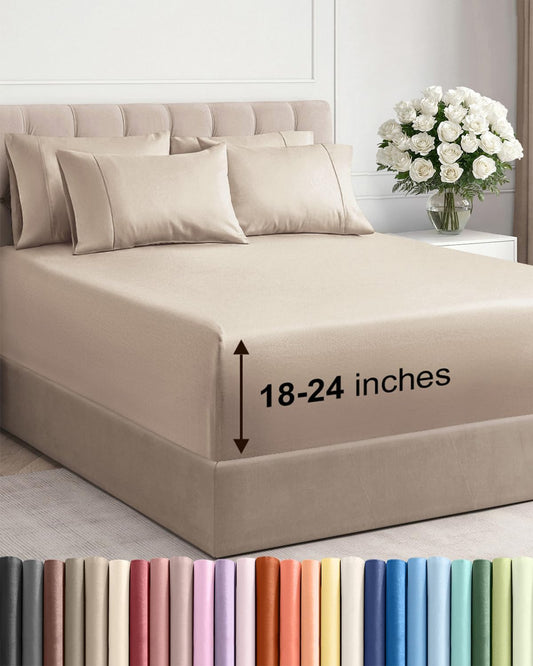 Skiennix Extra Deep Queen Sheet Set - 6-Piece Breathable Cooling Bedding - Soft, Wrinkle-Free Wheat Color
