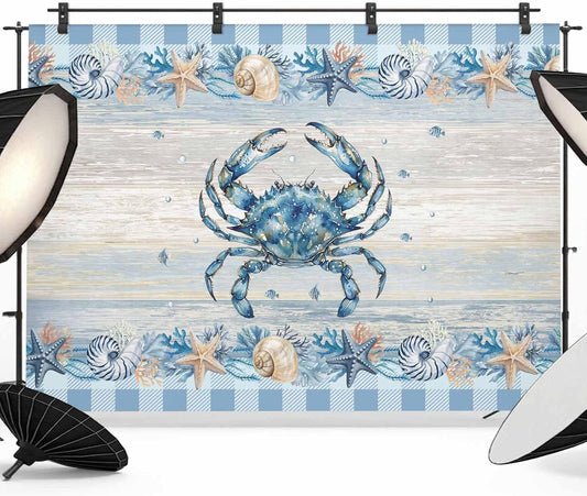 Generic 12 8 Summer Blue Crab Coastal Photo Backdrop for Photoshoot, x FT Starfish Beach Coral Shell Vintage Photo