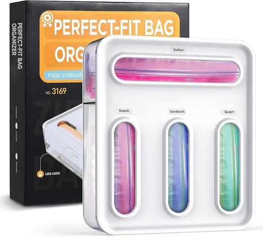 OUTXE Bag Organizer for Drawer + Fridge, Magnetic Kitchen Baggie Storage | Pantry Organization for Ziplock Plastic Food Bags | Compatible with Snack Sandwich Quart Gallon (White)