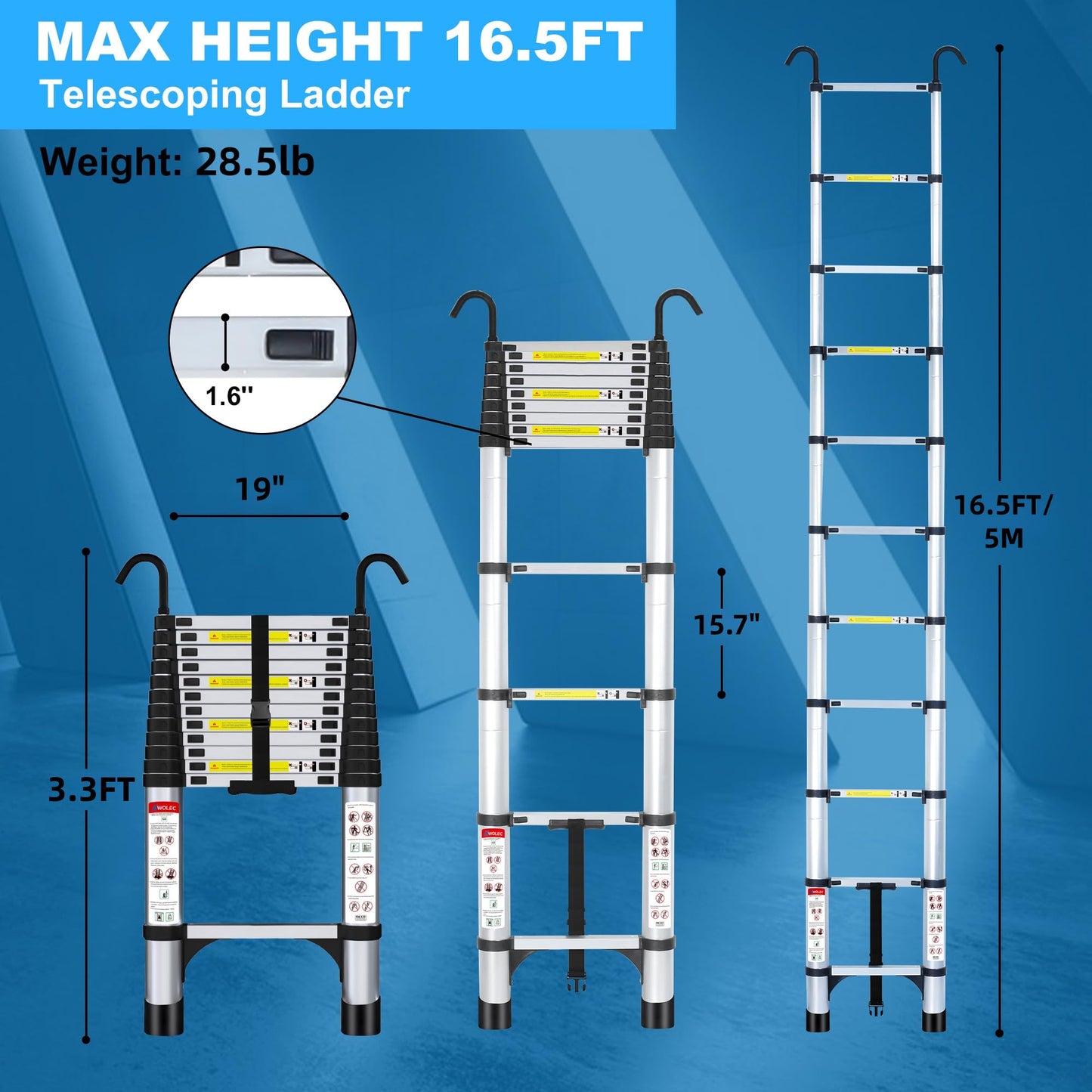 Wolec 16.5 ft Aluminum Telescoping Ladder, 330 lb Load, Hooks, Portable Collapsible Ladder for Home & Work,Silver