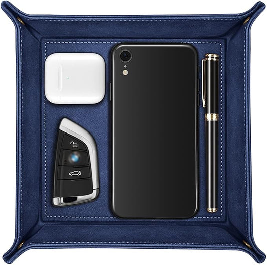 SITHON Valet Tray Desktop Storage Organizer – Premium PU Leather Catchall Bedside Vanity Tray Nightstand Caddy Holder for Keys, Phone, Wallet, Valentine's Day Gift, Dark Blue