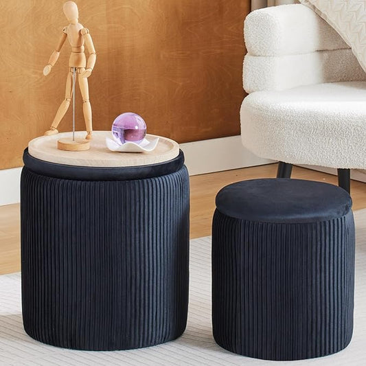 BLEXA Round Ottoman with Storage Set of 2-Upholstered Velvet Vanity Stool for Makeup Multifunctional Ottomans Coffee Table Padded Seat Foot Rest for Living Room&Bedroom (Black-Upgrade Tray Lid)