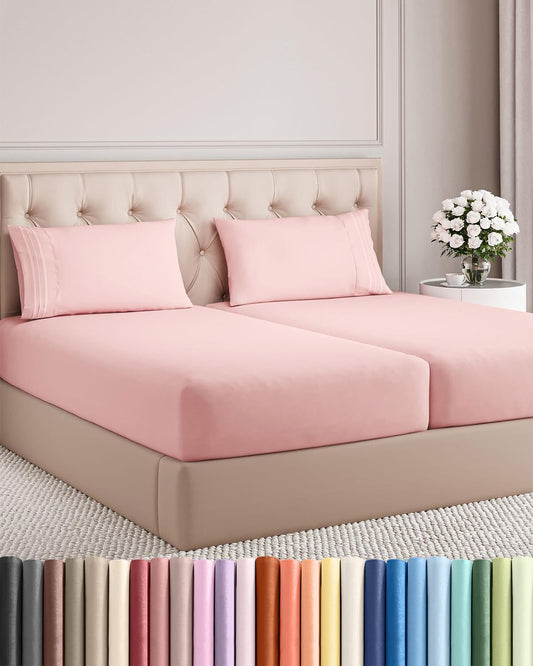 Regine Switzerland Split King Size 5-Piece Sheet Set - Comfy Cooling Bed Sheets - Luxury Hotel Quality - Deep Pockets, Soft, Wrinkle-Free - Oeko-Tex Certified - Baby Pink
