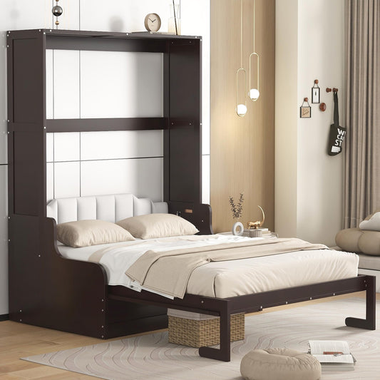 Ball & Cast Murphy Bed Wall Bed Queen Size with Cushion,Sofa Platform Bedfram Chest can be Folded,Wood Folding Hideaway w/Slat Support,Space-Saving Furniture for Guest Room,Study,Office,Espresso