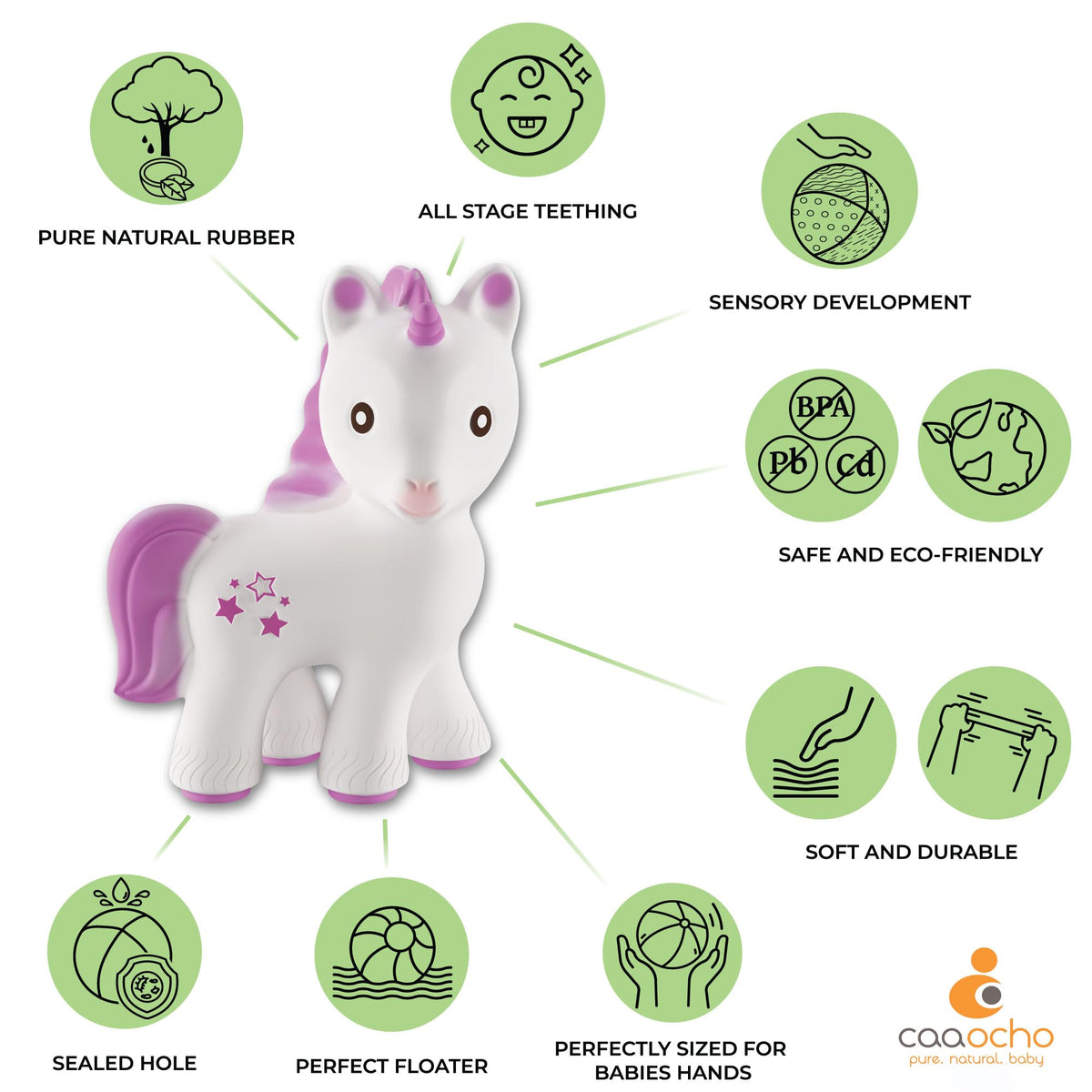 CaaOcho Pure Natural Rubber Teething Baby Toy - Mira The Unicorn Teether for Babies, BPA Free Baby Toy, All Natural Teething Toys for Babies 0-6, Safe and Fun Molar Teether Toy
