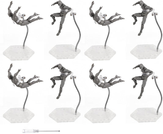 Action Figure Stand with Flexible Metal Arm,Action Figure Pose Display Holder Base,Flight Stands for Action Figures Compatible with HG RG SD SHF Gundam 1/144 Toy with Screwdriver (8Pcs Clear)