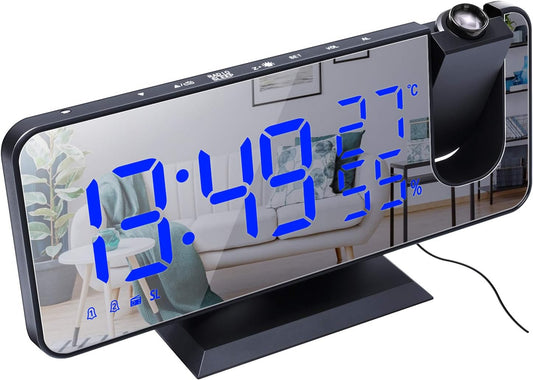 4 Dimmer 180 2 7.4'' ThreeH Projection Alarm Clock Radio Digital Alarm Clock & Rotable & Sounds Large Mirror Display