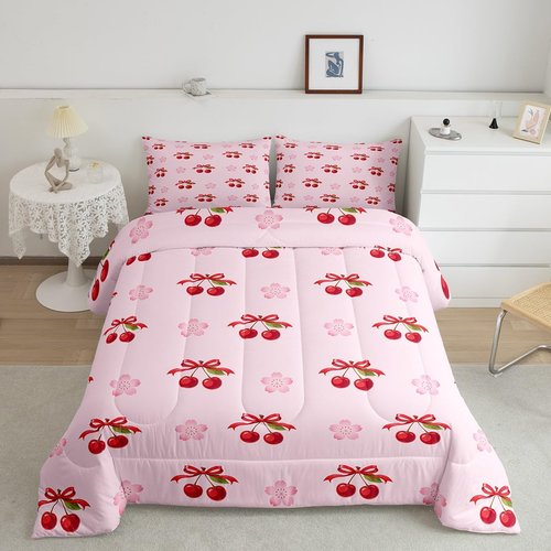 Feelyou Kids Bowknot Comforter Full Size, Red Cherry Comforter Set Boys Girls Dreamy Princess Bedding Set Colorful Floral Teens Duvet Set Bedroom Decor Microfiber Bed Set
