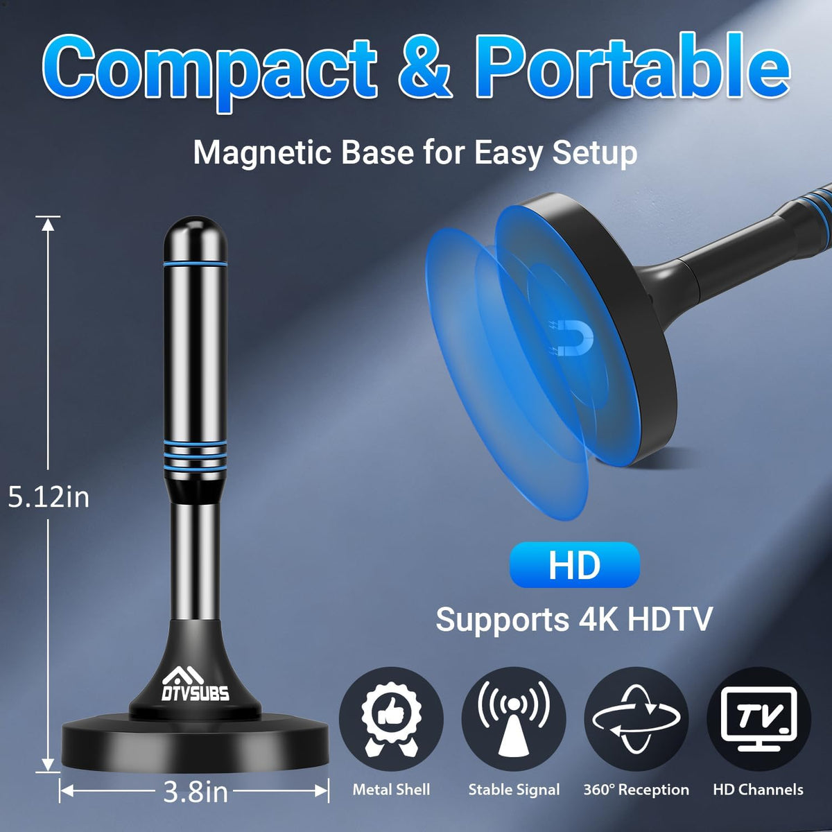 DTVSUBS 2026 360 4K 1080P Digital TV Antenna for Smart TV Indoor, Long Range Reception for Local Channels, HDTV Antenna