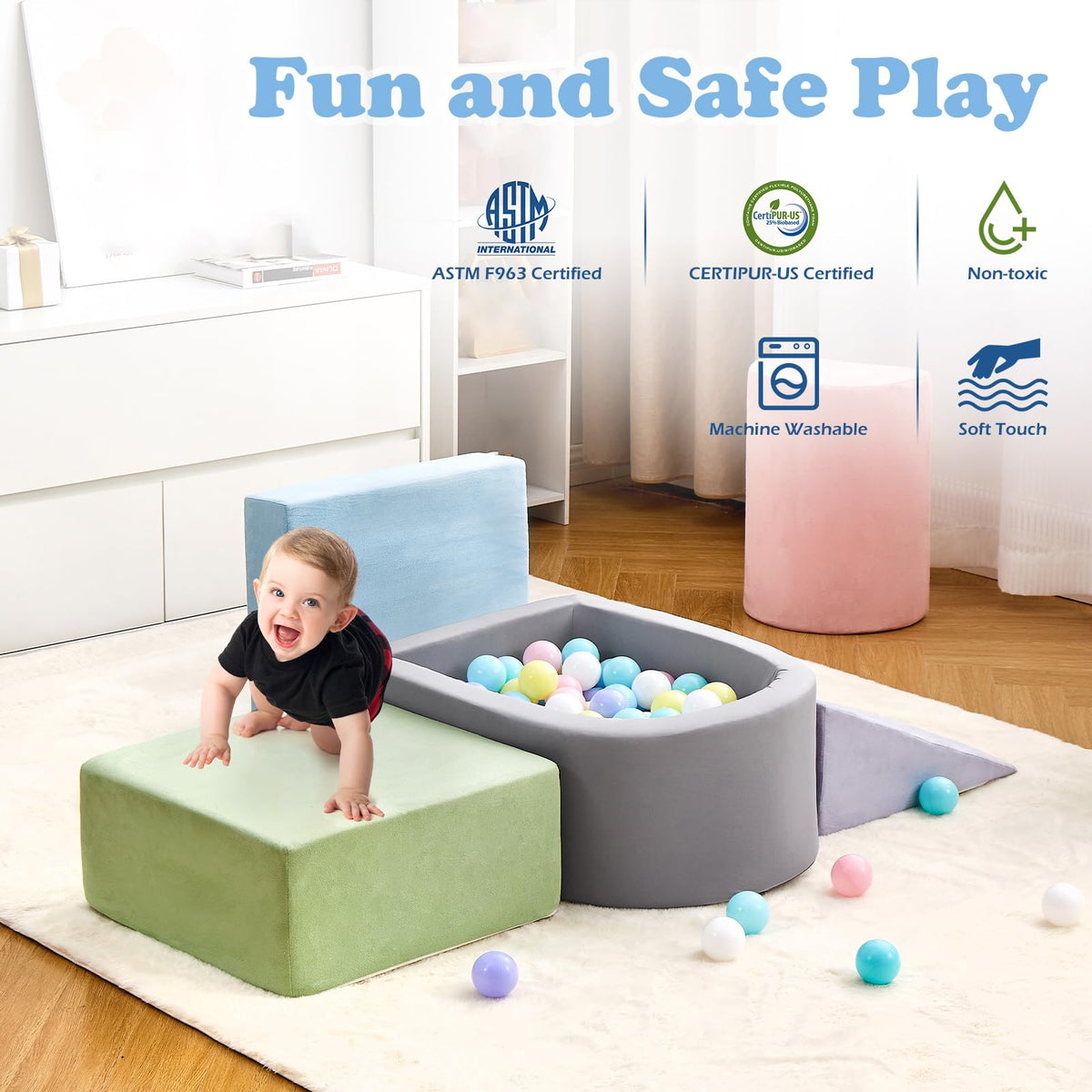 Climbing Toys for Toddlers , Foam Climbing Blocks with Ball Pit for Baby, 5-Piece Soft Toddlers Climbing Toy Indoor,Climbing Crawling Toys Soft Foam Blocks Activity Play Set(Balls not Included)
