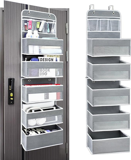 Easy Assembly Over The Door Organizer, 6 Shelves& 10 Side Pockets, Heavy-Duty Reinforced Mesh Rack Holds 44lb, Hanging Behind Door Storage for Bathroom Pantry, Nursery, Closet, Shoes, Towels-Grey