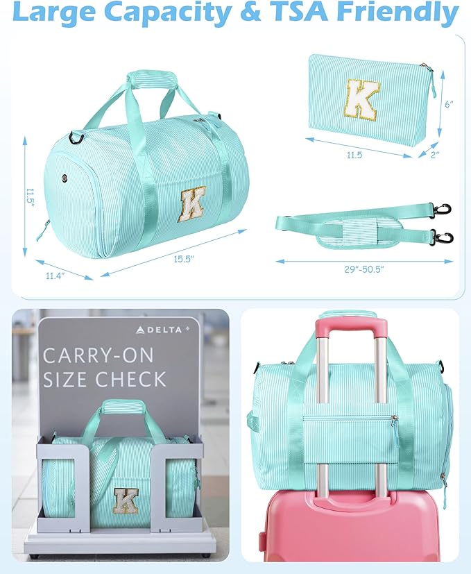 Easter Basket Essentials, Girl Gym Bag, Kids Initial Overnight Duffel Bags with Shoe Compartment, Personalized Travel Bag with Makeup Pouch, Preppy Stuff Gifts for Niece (Letter F)
