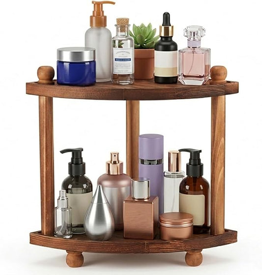 Corner Bathroom Counter Organizer, 2-Tier Bathroom Organizers and Storage, Wooden Vanity Perfume Organizer Makeup Countertop Shelf for Kitchen Dresser