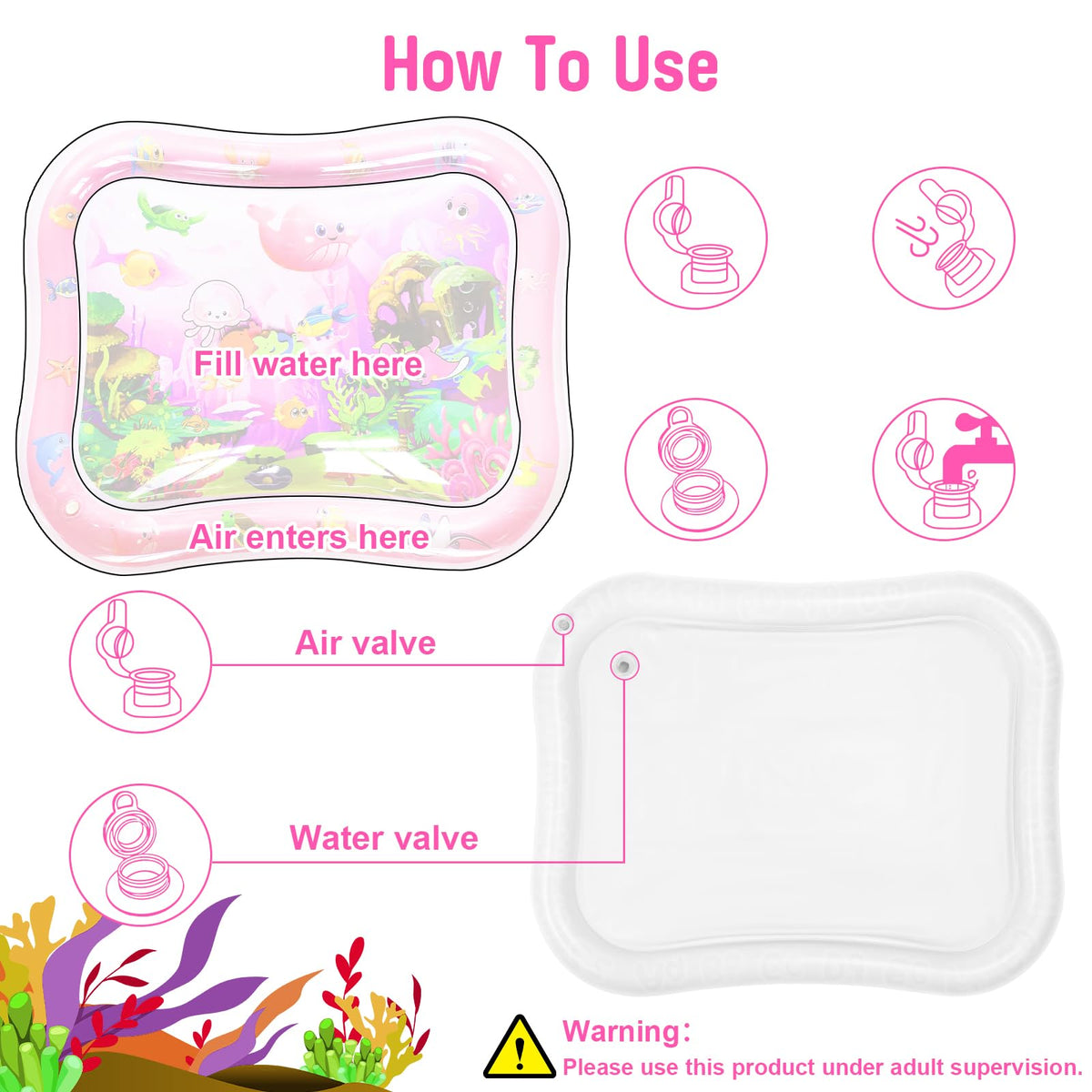 GARNHLOB Baby Water Mat Large 37.4"x29.9", Safe Inflatable Tummy Time Water Play Mat for Infants & Toddlers with Climate Pledge Friendly, Newborn Sensory Water Pad for Christmas Gift (Pink)