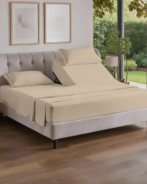 Flex Top Split Head King Sheet Set - Ultra-Soft, Breathable & Cooling Luxury Bedding - Deep Pockets, Oeko-Tex - Wheat