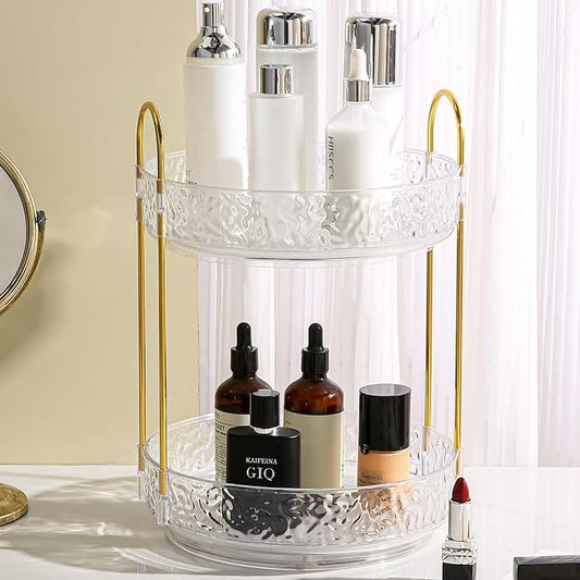 Fangoo 2 Tiers Clear Rotating Makeup Organizer for Vanity, 360 Spinning Skincare Organizers for Dresser Perfume Organizer Large Skincare Make up Storage Cosmetic Organizer for Bathroom Countertop