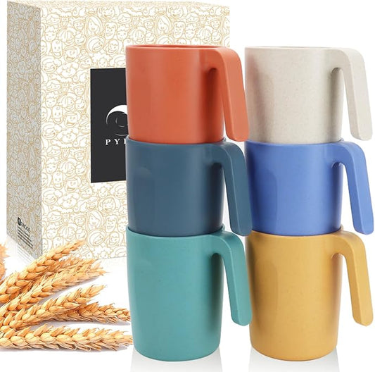 PYRMONT Wheat Straw Cups 16 Oz Alternative Plastic Cups With Handle Dishwasher & Microwave Safe Mug Set of 6 Unbreakable Cups Set for Office,Home,BBQ,RV Cute Cups-Multi