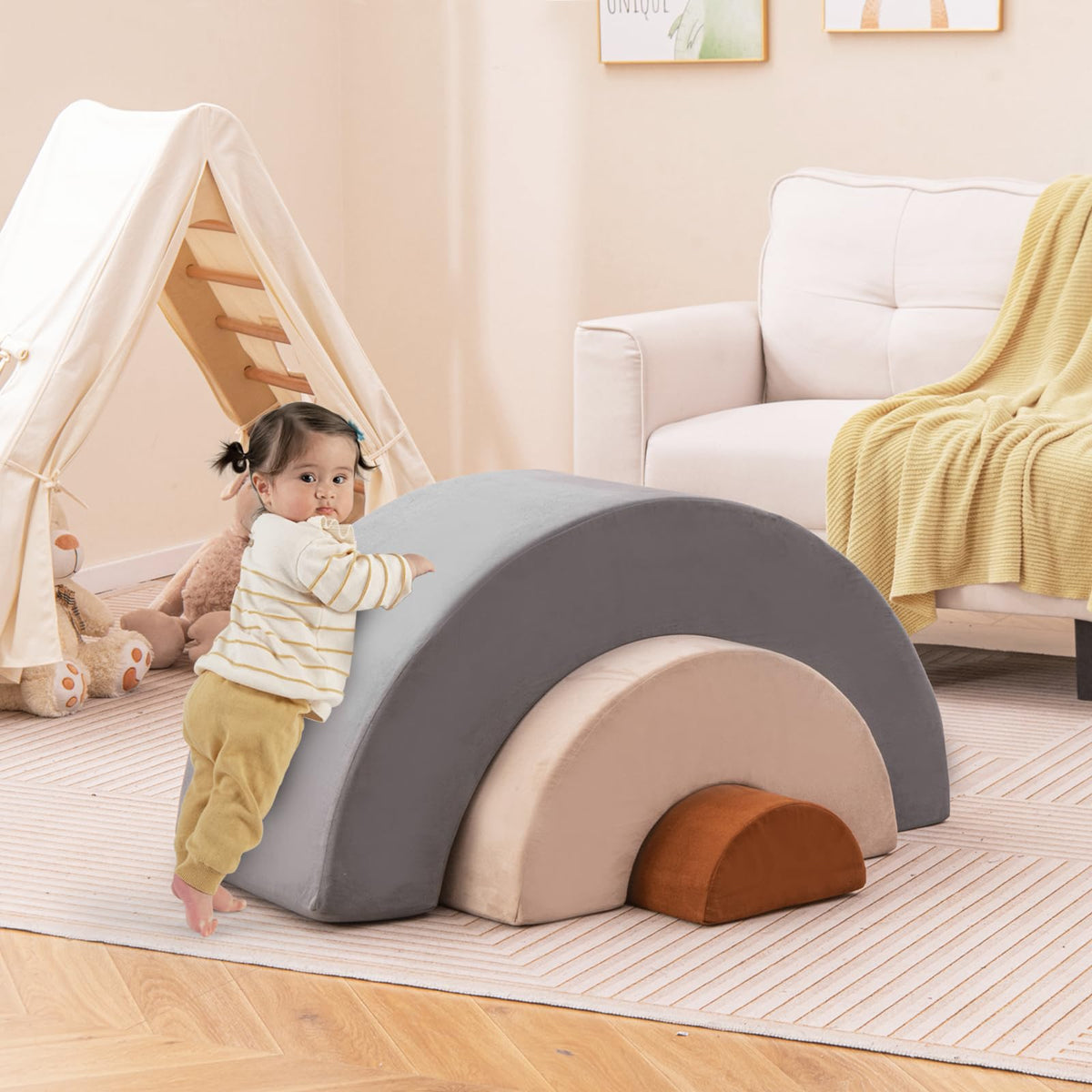 INFANS Climbing Toys for Toddlers, 3pc Foam Climbing Blocks Rainbow Shaped Indoor Play Set, Soft Equipment Modulars Rainbow Crawling Tunnel Playroom Couch for Children Playroom Baby (Grey)