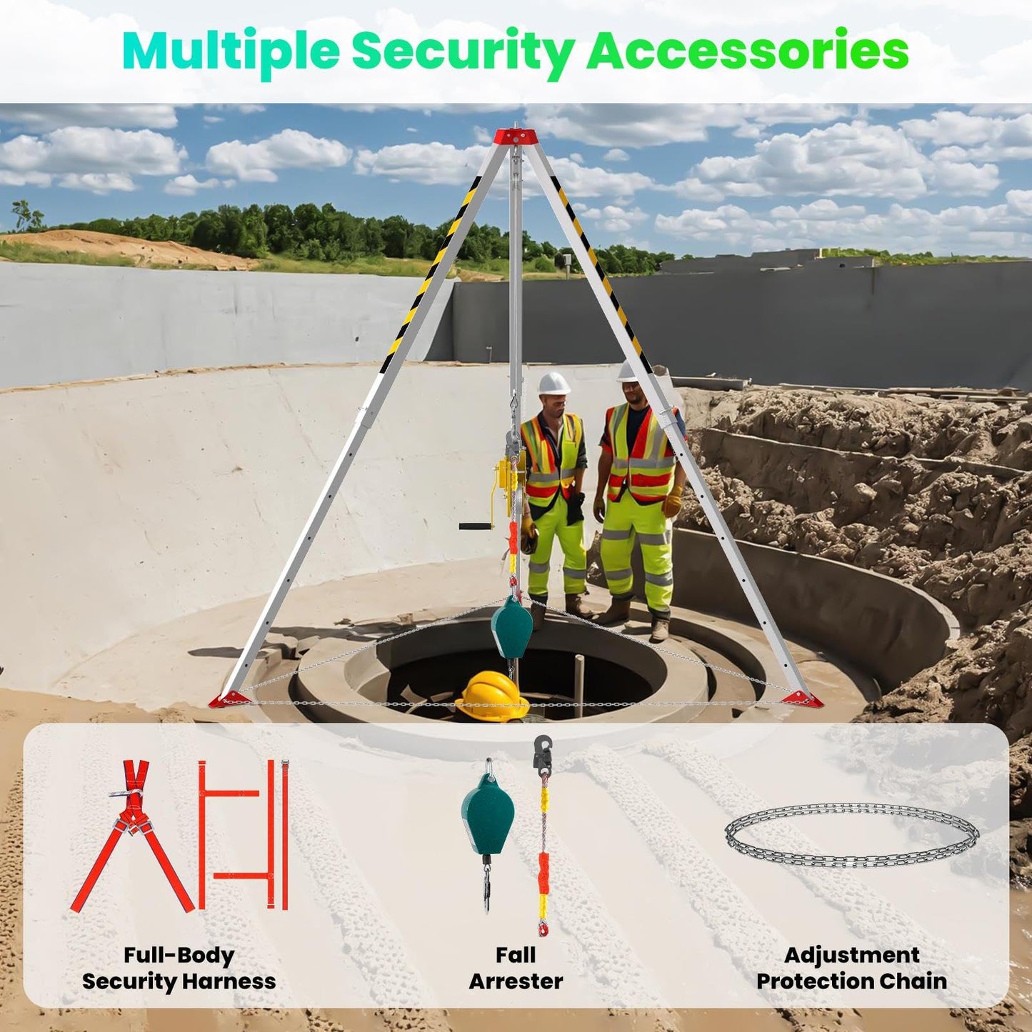 Heavy Duty 2600LBS Confined Space Tripod Kit, Rescue Tripod and Winch with 98FT Steel Cable, Tripod Lifting Hoist & Retrieval System, 4.4-7.1ft Adjustable Legs for Manhole Sewer Rescue