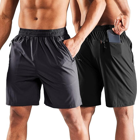MIER Men's Quick Dry Running Shorts with Zipper Pocket, Elastic Waist Athletic Workout Exercise Fitness Shorts, 7 Inch