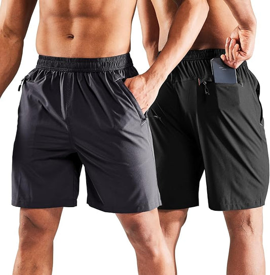 MIER Men's Quick Dry Running Shorts with Zipper Pocket, Elastic Waist Athletic Workout Exercise Fitness Shorts, 7 Inch