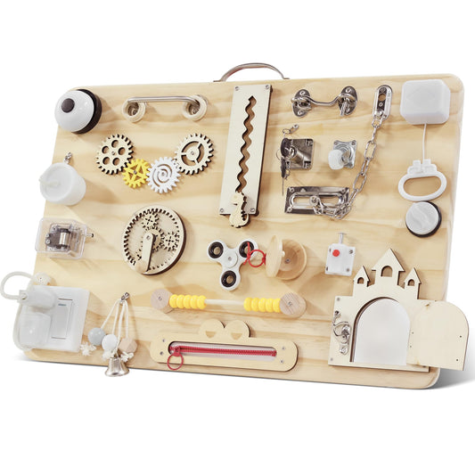 Pithfor Wooden Montessori Busy Board for Toddlers, Montessori Sensory Activity Board Toys for Baby Kids, for Fine Motor Skills, Autism & ADHD