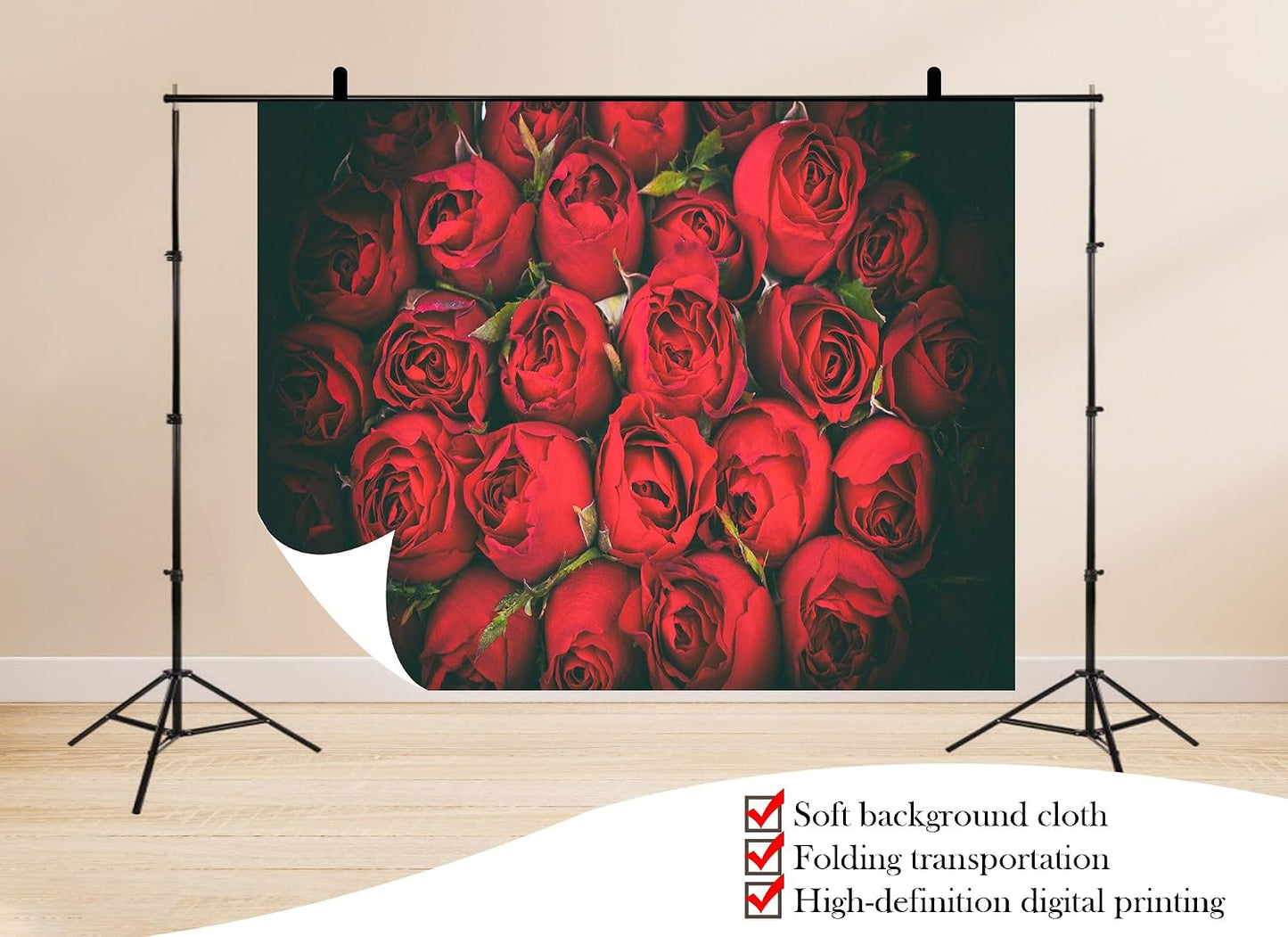 UPXIO 8x6ft Dense Red Roses Bouquet Backdrop Romantic Floral Deep Red Petals Photo Background Tapestry for Wedding