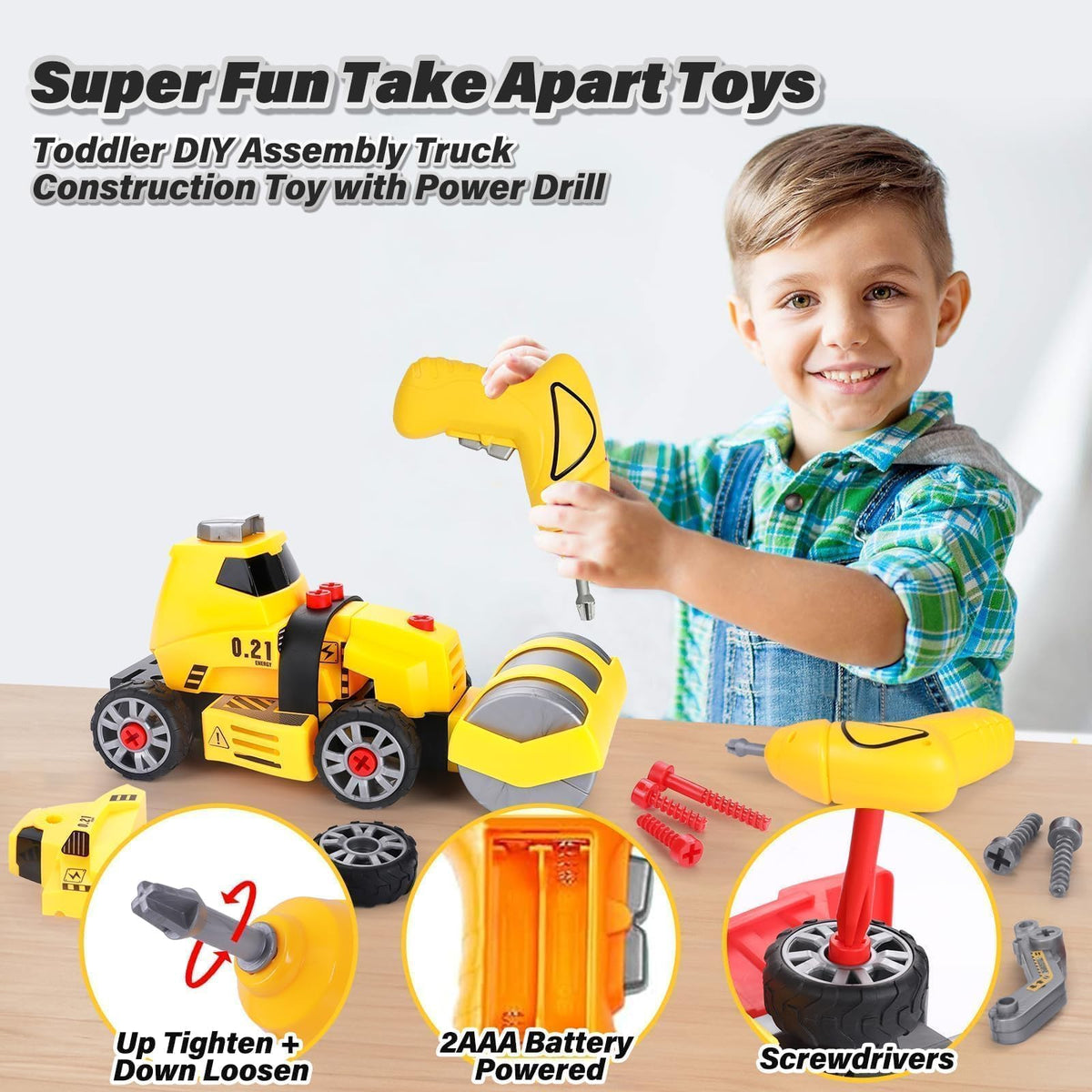 FLY2SKY 7 in 1 Take Apart Toys with Electric Drill Take Apart Truck Toys Construction Set DIY Engineering Building Toy Push Go STEM Toy Gift for Boys Toys Ages 4-7 Years Old