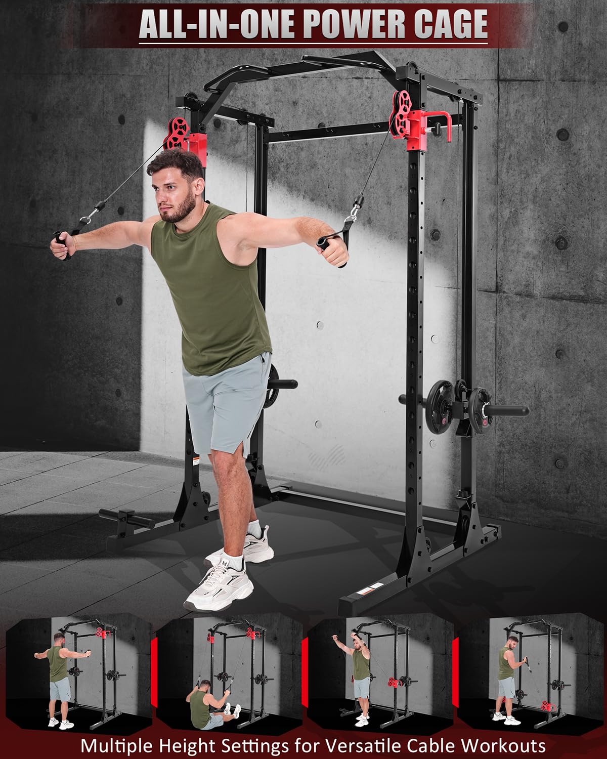 OPPSDECOR 2.0 PRO Power Cage Home Gym - 2000LBS Heavy Duty Power Rack with Independent Dual Pulley Cable Crossover System, Safety Bar, J-Hook, Pull-up Bar, Dip Station - 13.26 ft² Compact Squat Rack