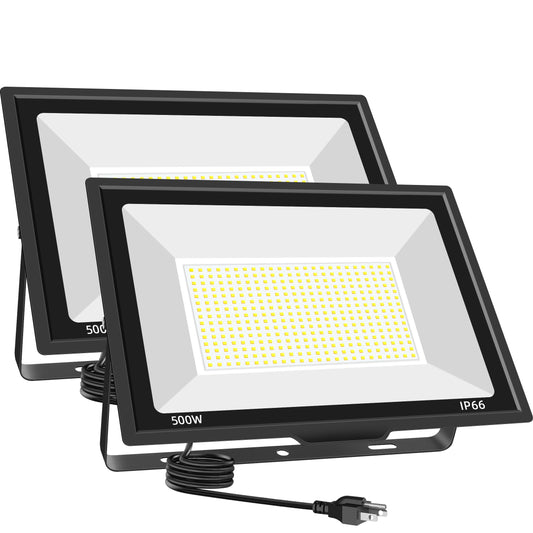 500W LED Flood Light Outdoor 2 Pack, 2000W Equivalent FloodLight with Plug, Super Bright 55000LM 6500K Daylight White IP66 Waterproof Commercial Lighting for Sports Fields,Courts,Arena,Stadium