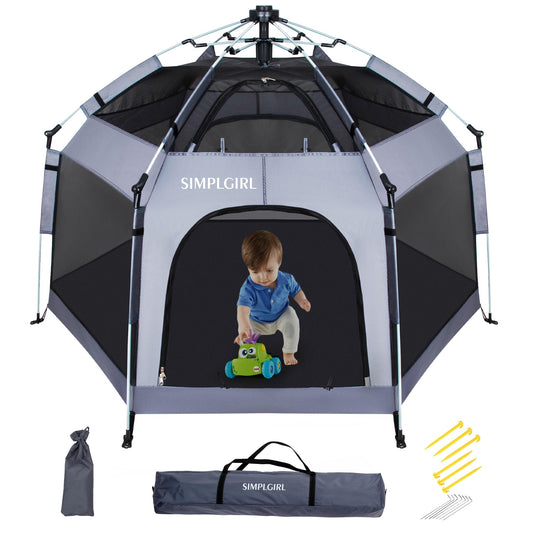 Premium Indoor and Outdoor Baby Playpen - Portable, Lightweight, Pop Up Pack and Play Toddler Play Yard w/Canopy and Travel Bag- Grey