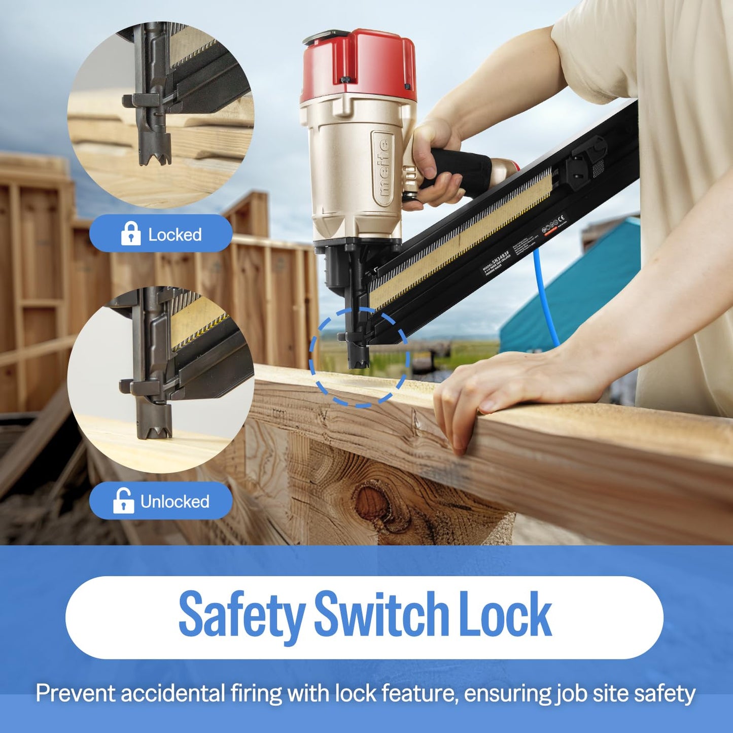 meite SN3483F 30 Degree Framing Nailer Pneumatic Nail Gun, Accepts 30-34 Degree 2" to 3-1/4" Paper Collated Framing Nails, Pro-grade Air-powered Framing Nail Gun Tools for Wall Studs Sheathing Decking