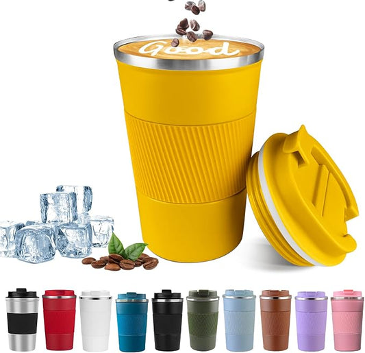 YINBAOGE Insulated Travel Coffee Mug, Spill & Leak Proof, Portable To Go Camping Stainless Steel Coffee Tumbler, Reusable Thermal Coffee Cup with Lid for Hot & Cold Drinks (Yellow, 17 OZ)
