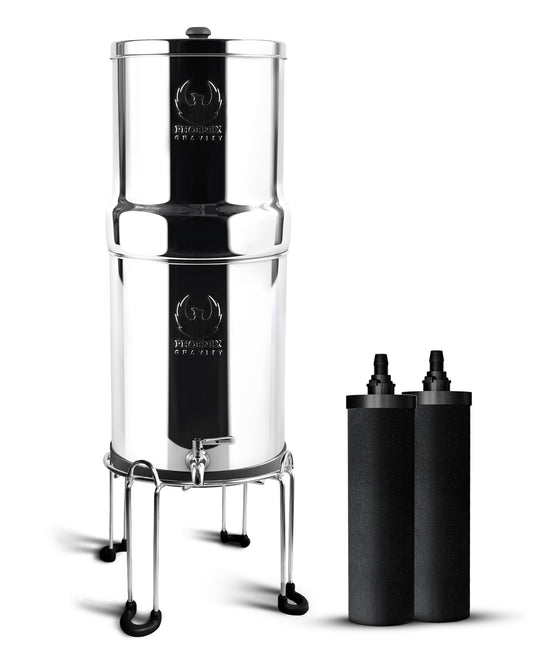 2.25 G AISI 304 Stainless Steel Premium Gravity Water Filter System | NSF Certified 2 Smart Carbon Filter Elements | Free Stainless Steel Stand & Spigot | No Plumbing/Electricity Required | Portable