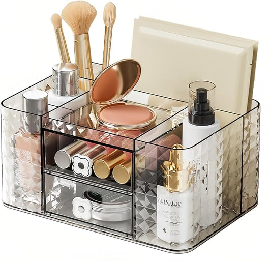 Makeup Organizer with Drawers and Clear Storage - Vanity Counter Organizer and Bathroom Countertop for Makeup Brush, Lipsticks, Nail Polishes, Perfumes, Eyeshadow Palettesand Cosmetics