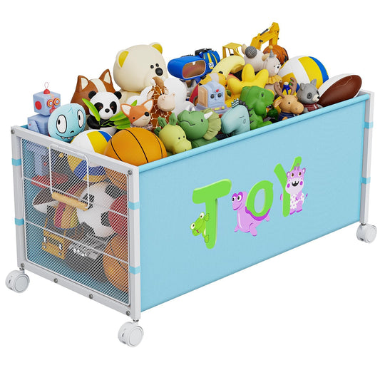 AIJIAMEIER Large Toy Box with Wheels, 120L Toy Boxes for Extra Large Metal & Oxford Cloth Toy Chest Toy Organizer with Wooden Handle for Bedroom, Living Room Area, Stuffed Toys, Clothes(Blue, 1PC)