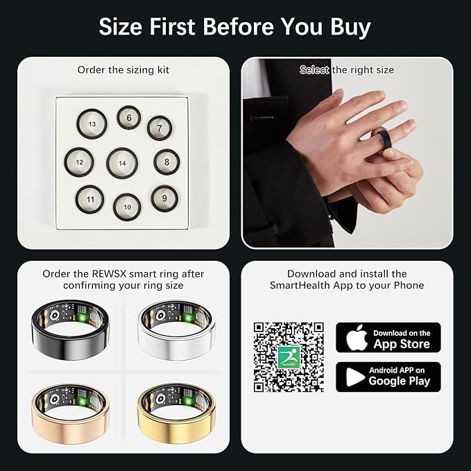 Smart Health Ring for Women Men, Fitness Tracker Ring with Heart Rate, Blood Oxygen, Sleep Tracker, Step Tracker, No Subscription Fee, IP68 Waterproof Smart Ring for iPhone & Android (Black, 6#)