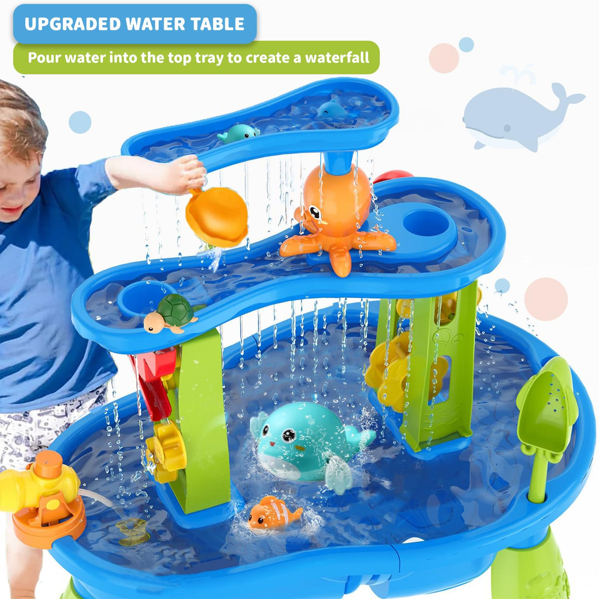 YAZ&OUZ Water Table for Toddlers 1-3, 3-Tier Kids Water Table, Water Tables for Toddlers 3-5 Features Swimming Crabs & Dolphins, Rain Showers Splash Pond, Activity Sensory Play Table for Boys Girls