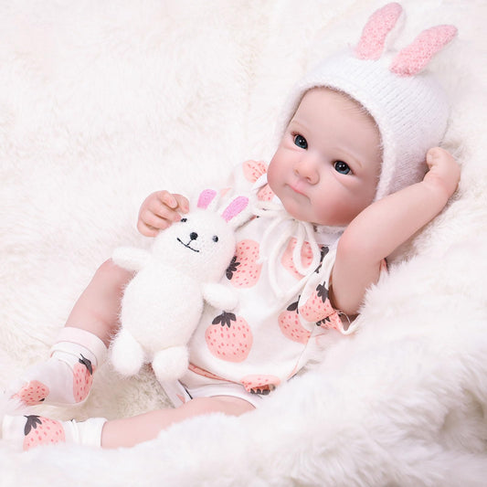 Tookyhill 18 Inch Reborn Baby Doll, Full Vinyl Weighted Body, Realistic Baby Doll with Soft Bunny Onesie & Plush Rabbit Toy Accessory, Lifelike Newborn Doll for Girls 3+ Pretend Play, Nursery Decor