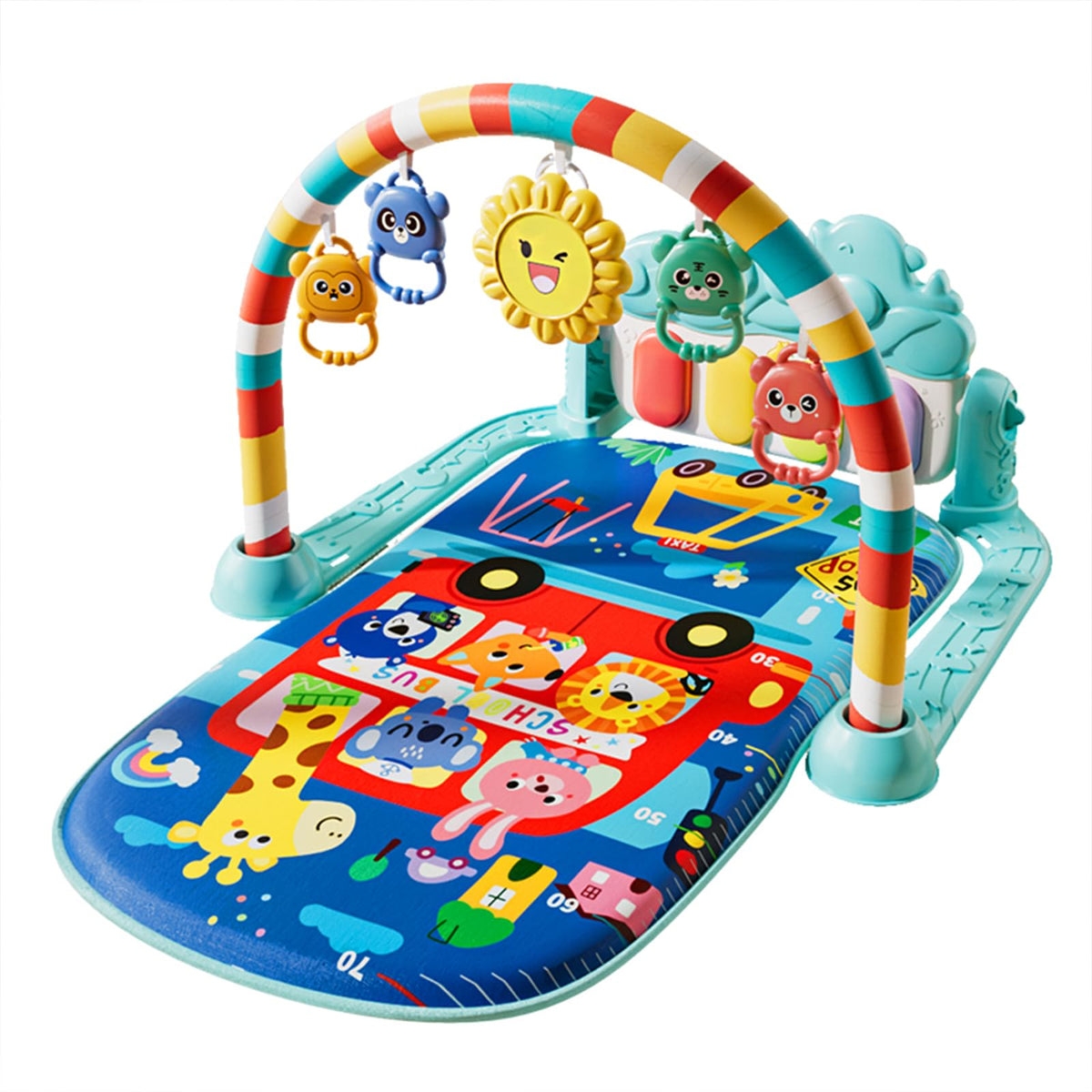 Baby Gyms Play Mats, Play Piano Gym Mat, Activity Mat for Tummy Time with 5 Infant Learning Sensory, Music and Lights for Newborns and Toddlers (Dark Blue)