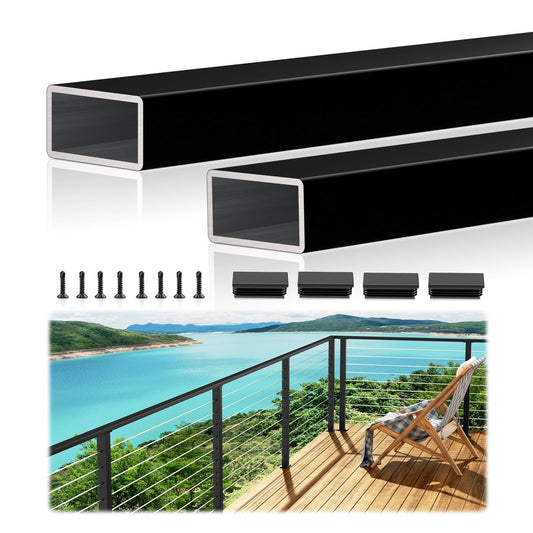 2 Pack 10FTx 2-3/8"x1-3/16 Aluminum Black Handrail with Self Drilling Screws Nylon End Caps, AAMA 2604 Coating, 3mm Thick Flat Handrail Cuttable Top Rail for Deck Stair Railing Indoor Outdoor