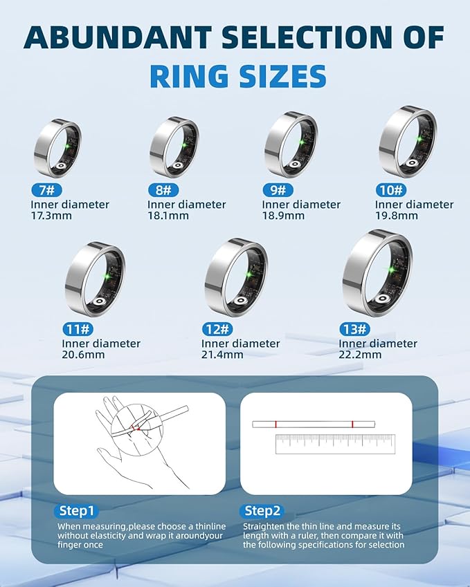 Smart Ring for Women Men Fitness Ring with Step Counting, Heart Rate, Blood Oxygen, Blood Pressure, Sleep Monitoring, IP68 Waterproof for iPhone and Android, No Subscription Fee,Silver 7#